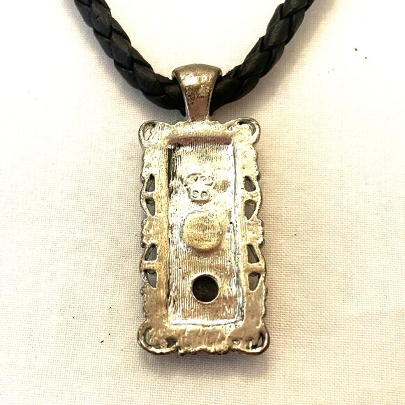 18" Choker Necklace Blue Marbled Stone Pendant Black Braided Vinyl Rope Handmade - Picture 5 of 6